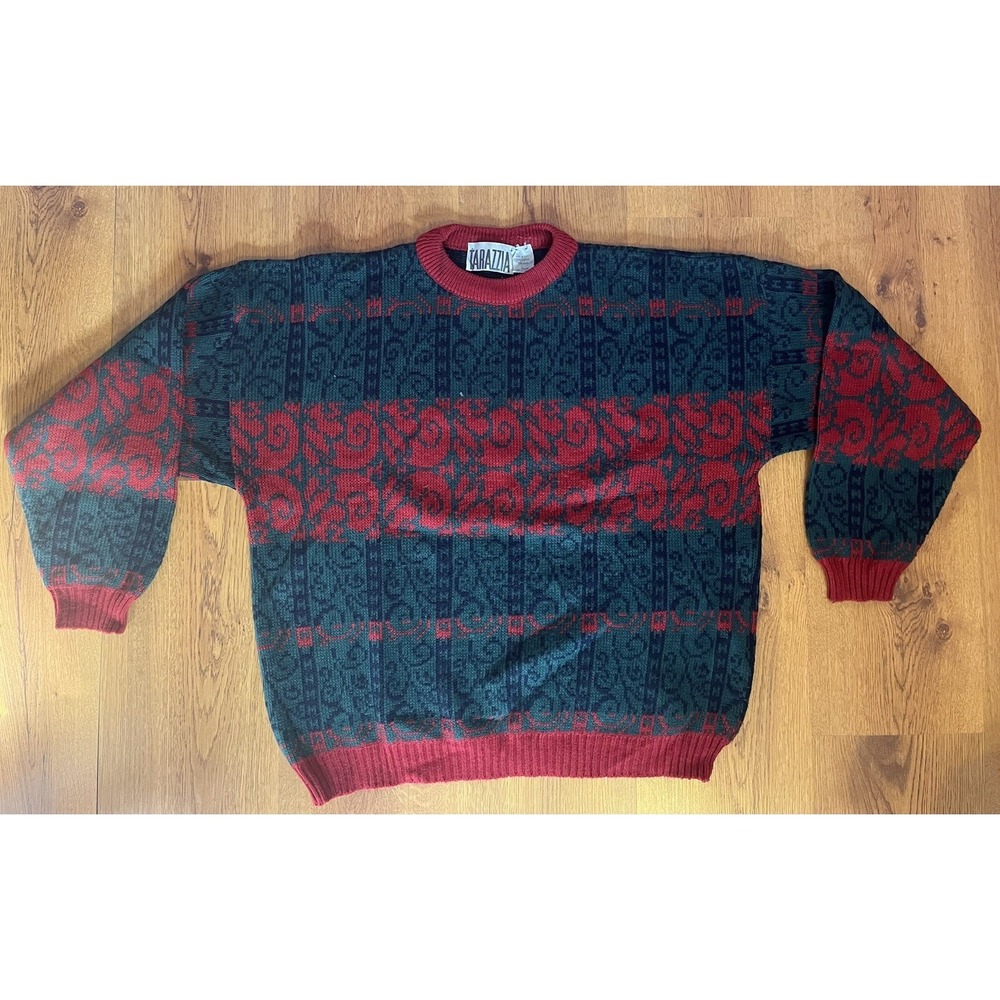 Vintage Christmas Sweater Tarazzia Red & Green Holiday Pullover Wool Blend Large
